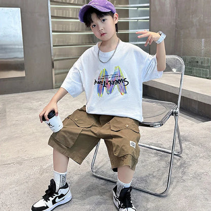 Summer Boys Clothing Set Fashion Short Sleeve Letter T-shirt Shorts 2Pcs For 4-12 Years Kids Tracksuits Teenager Casual Outfits