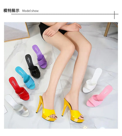 Slippers Women Summer 2022 New Black High Heels 13 CM  Color Club Sexy High Platform Thin  Party Girl Show Sandals  Size 34-43