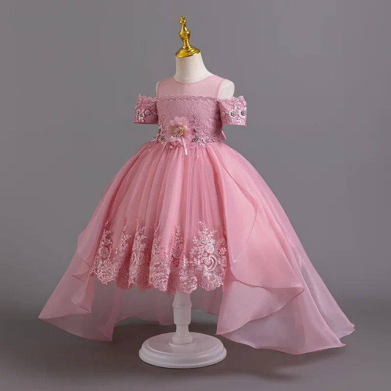 2026 New Summer Flower Girl Graduation Performance Tailcoat Embroidered Party Dress Trailing Tulle3-11 Years Old The Girl Dress