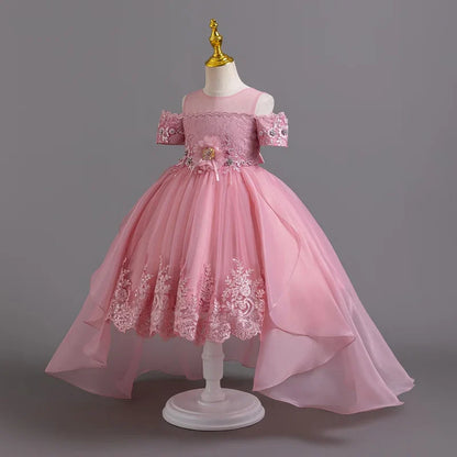 2026 New Summer Flower Girl Graduation Performance Tailcoat Embroidered Party Dress Trailing Tulle3-11 Years Old The Girl Dress