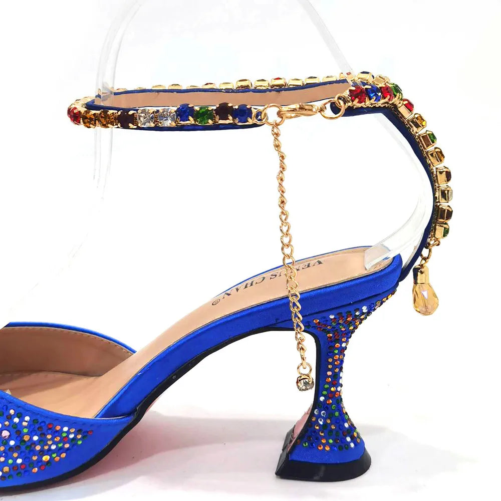 Italian Design Luxury Women's Pointed Shoes And Bag Set Blue Full Diamond Decoration Shoes for Party