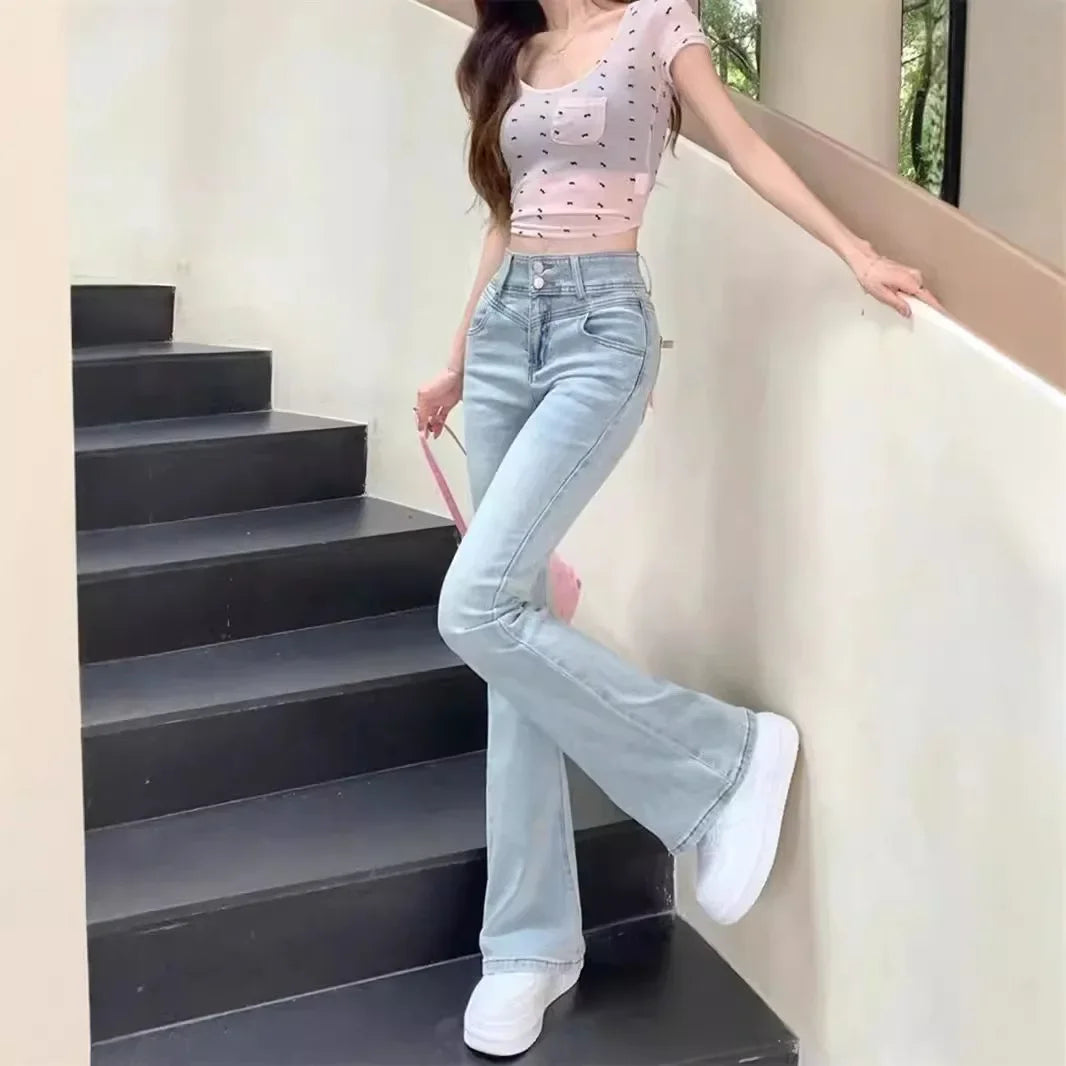Retro High Waist Slim Fit Bootcut Denim Jeans for Women