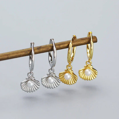 925 Sterling Silver Romantic Sea Shell Pendant Synthetic Pearl Drop Earrings for Women Trendy Beach Bohemian Part Jewelry