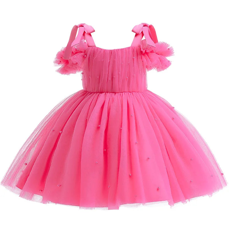 1 to 5 Yrs Kid Summer Baby Girls Ceremonial Dress Children's Pearl Tulle Princess Party Dresses For Wedding Tutu Perform Vestido