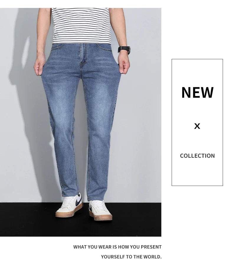 Men's Ice Silk Denim Cargo Pants Summer New Thin Business Casual Jeans Outdoor Y2K All Match Slim Fit Straight Elastic Jean Male
