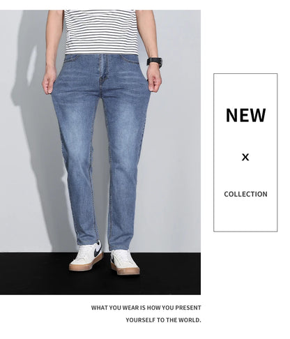 Men's Ice Silk Denim Cargo Pants Summer New Thin Business Casual Jeans Outdoor Y2K All Match Slim Fit Straight Elastic Jean Male