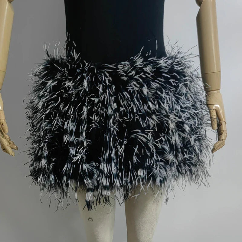 True ostrich feather Multicolor Mini Skirt Elastic Waist  Sexy Clothing Club Party Dance Rave Short Skirt Note select 3 colors