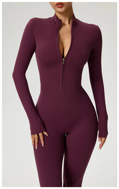 Zipper Jumpsuit Flared Pants Women Clothing Sportswear Gym Yoga Sport Sets Spandex Nylon Workout Sets Women Tracksuit