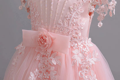 Lace up Tulle Flower Girl Dress Chest with flowers First Communion Ball Gown Wedding Party Bridesmaid Dress Kids 12Y