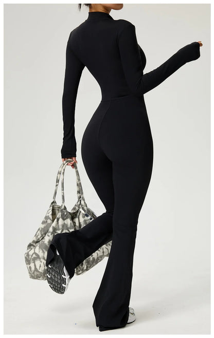 Zipper Jumpsuit Flared Pants Women Clothing Sportswear Gym Yoga Sport Sets Spandex Nylon Workout Sets Women Tracksuit