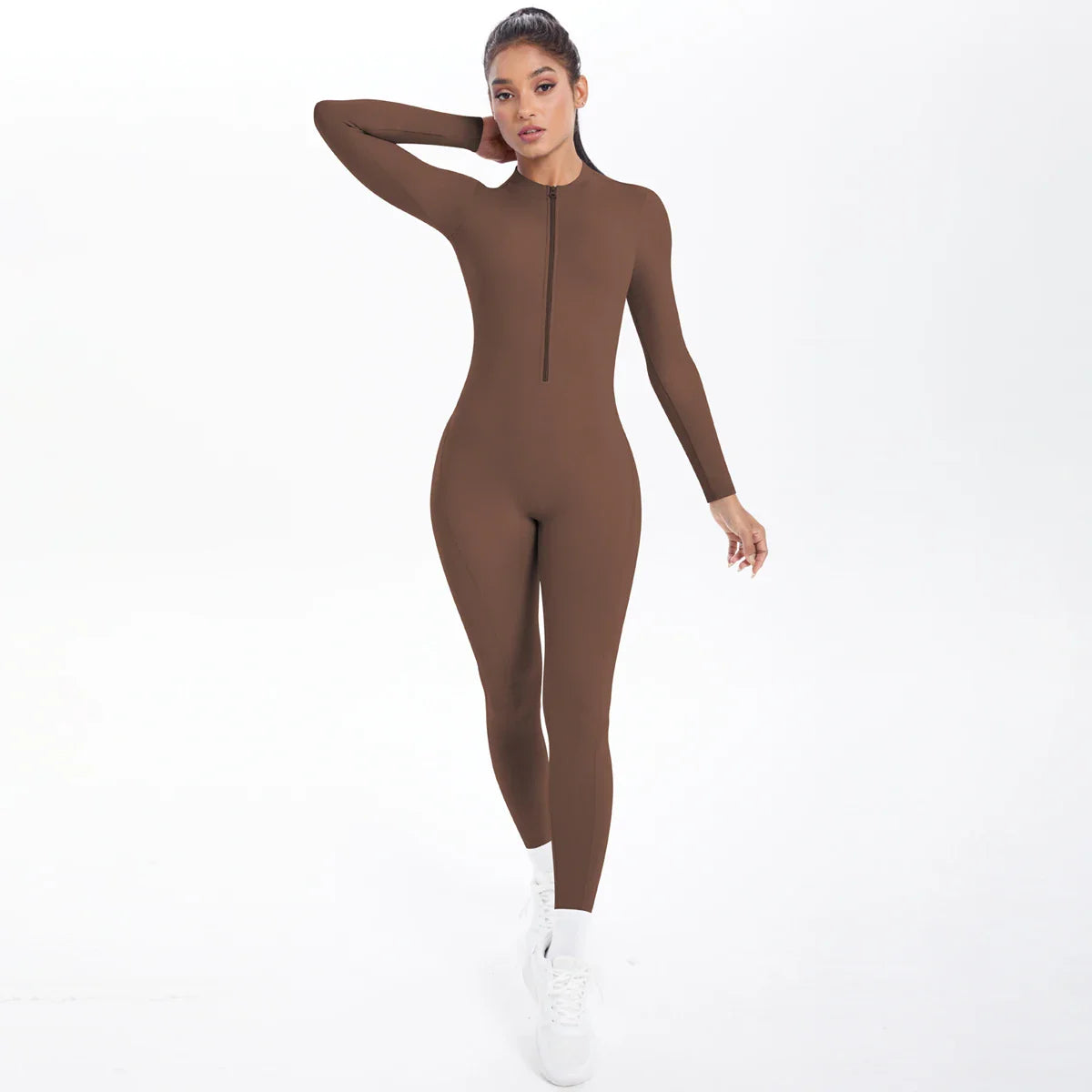 Solid Color Bodysuits for Woman's Backless Long Sleeved Zipper Yoga Jumpsuits High Dtrength Workout Sports Fitness Clothing Set