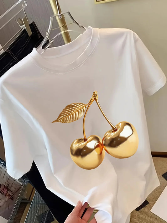 Women'S Golden Cherry Print Short Sleeve Stylish Round Neck Perfect for Spring Outfits Cherry Themed Items Aesthetic Clothes