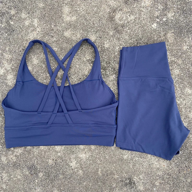 Yoga Shorts Set Gym Sports Set Women Workout Clothes 2 Piece Fitness Suit Cross Straps Bra High Waist Shorts Running Tracksuit