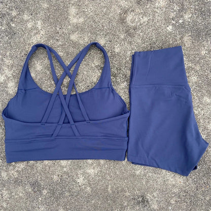 Yoga Shorts Set Gym Sports Set Women Workout Clothes 2 Piece Fitness Suit Cross Straps Bra High Waist Shorts Running Tracksuit