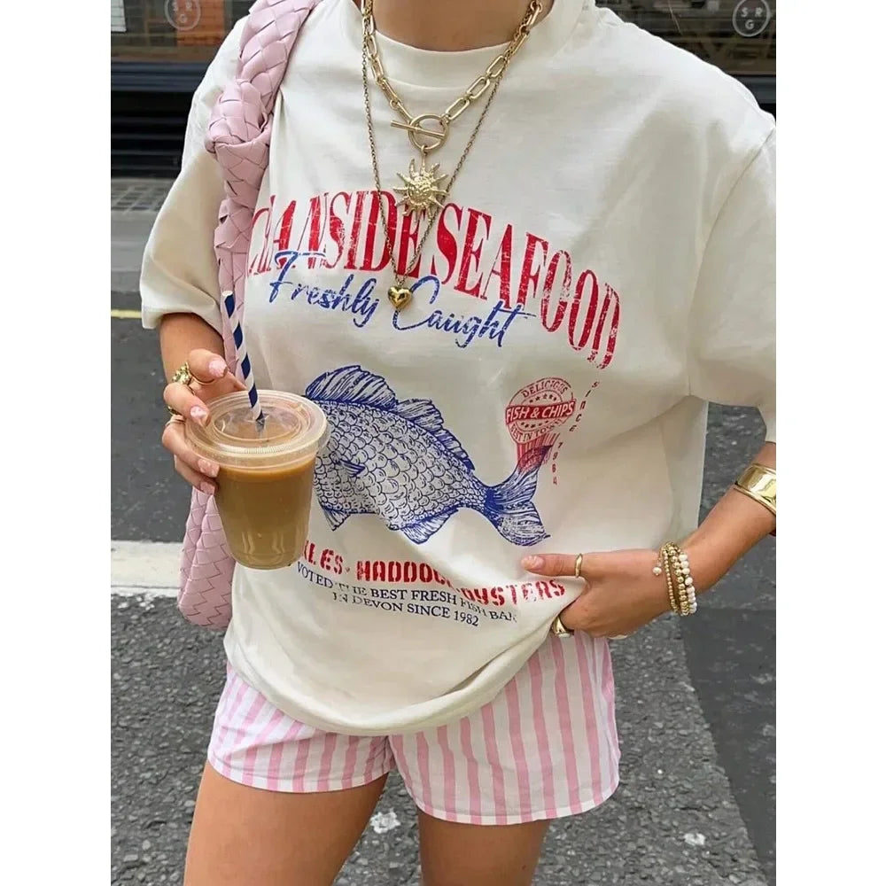 Summer American Street Ins Personalized Seafood Graphic T-shirts Fashion Y2K Aesthetic Street Clothing Short-sleeved Loose Tops