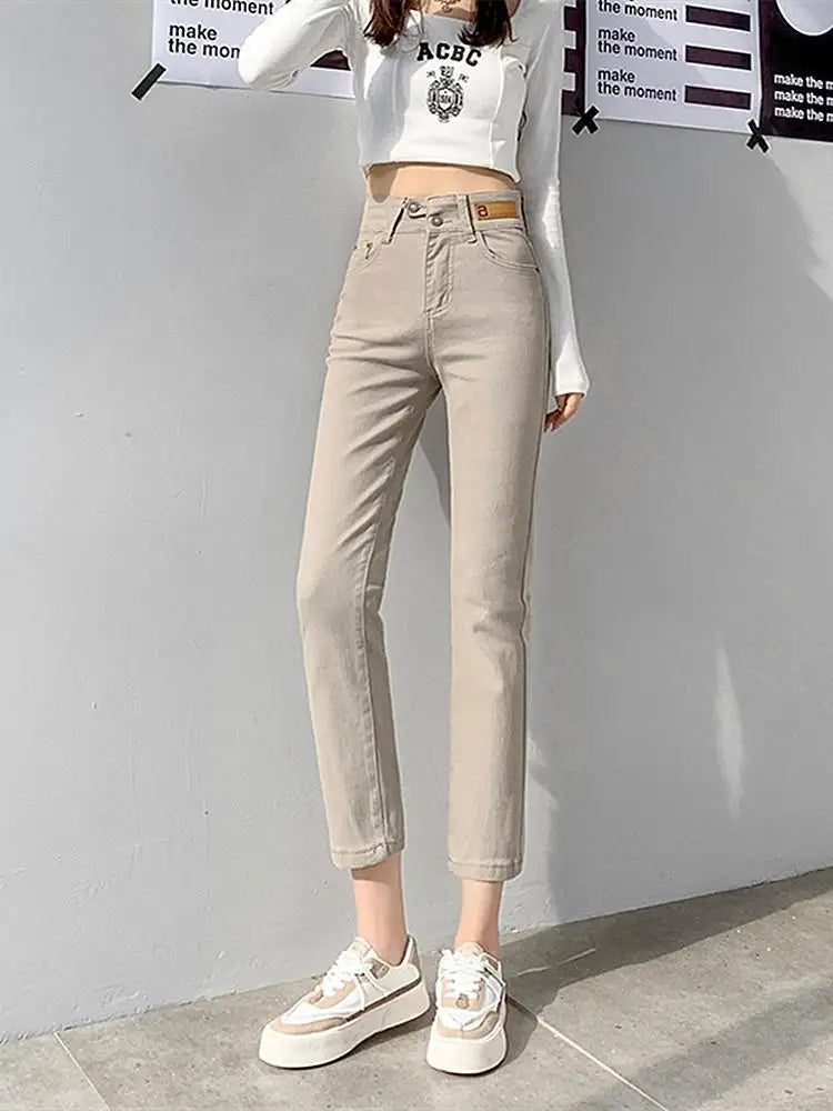 Slim Skinny Beige Jeans Women High Waist Vintage Push Up Jeans Easymatch Streetwear Korean Denim Ankle-Length Pants
