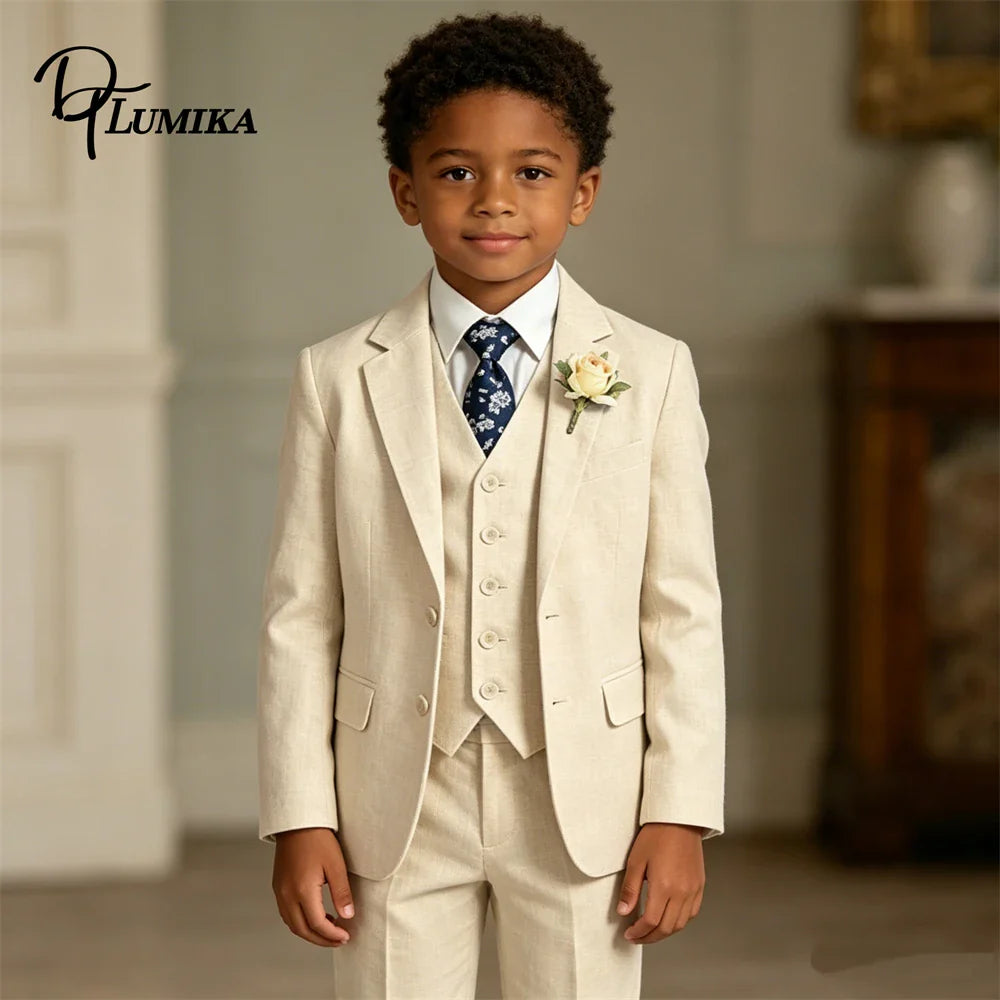 Four Pieces Linen Suit Set for Children 3-14 Years Old, Summer Beach Wedding Guest Tuxedo Jacket Vest Pants Tie Luxury Set