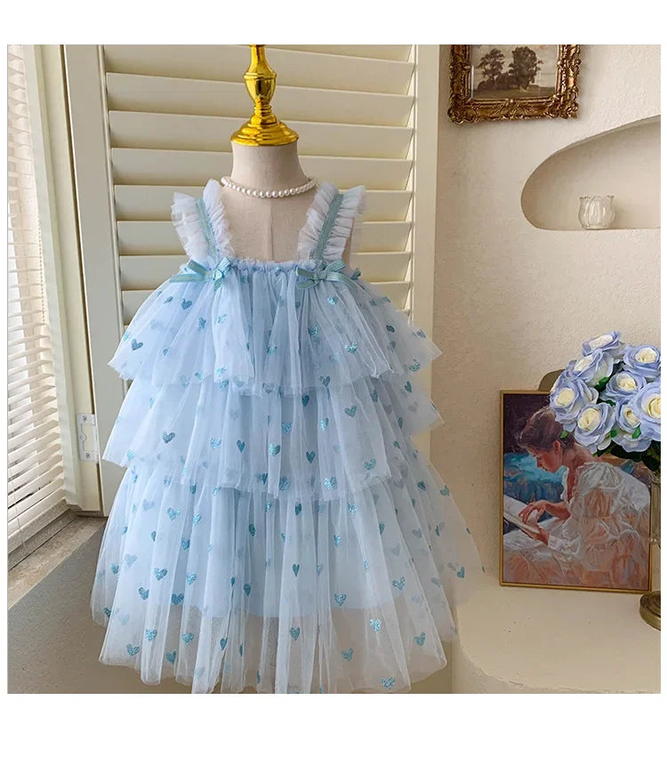 New Summer Baby Girls Party Dress Sleeveless Spaghetti Strap Love Heart Layered Princess Dresses for 3-7Year Old Kids E2310
