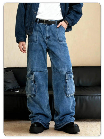 Men's Spring Blue Retro Washed Baggy Cargo Jeans Summer Male Multi Pocket Straight Tube Work Clothes Winter Denim Pants Clothes