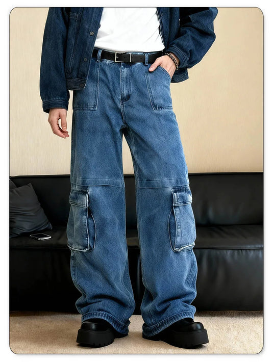 Men's Spring Blue Retro Washed Baggy Cargo Jeans Summer Male Multi Pocket Straight Tube Work Clothes Winter Denim Pants Clothes