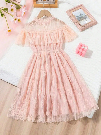 Korean fashion lace, solid color princess dress, slightly elastic, children's slim fit, popular style