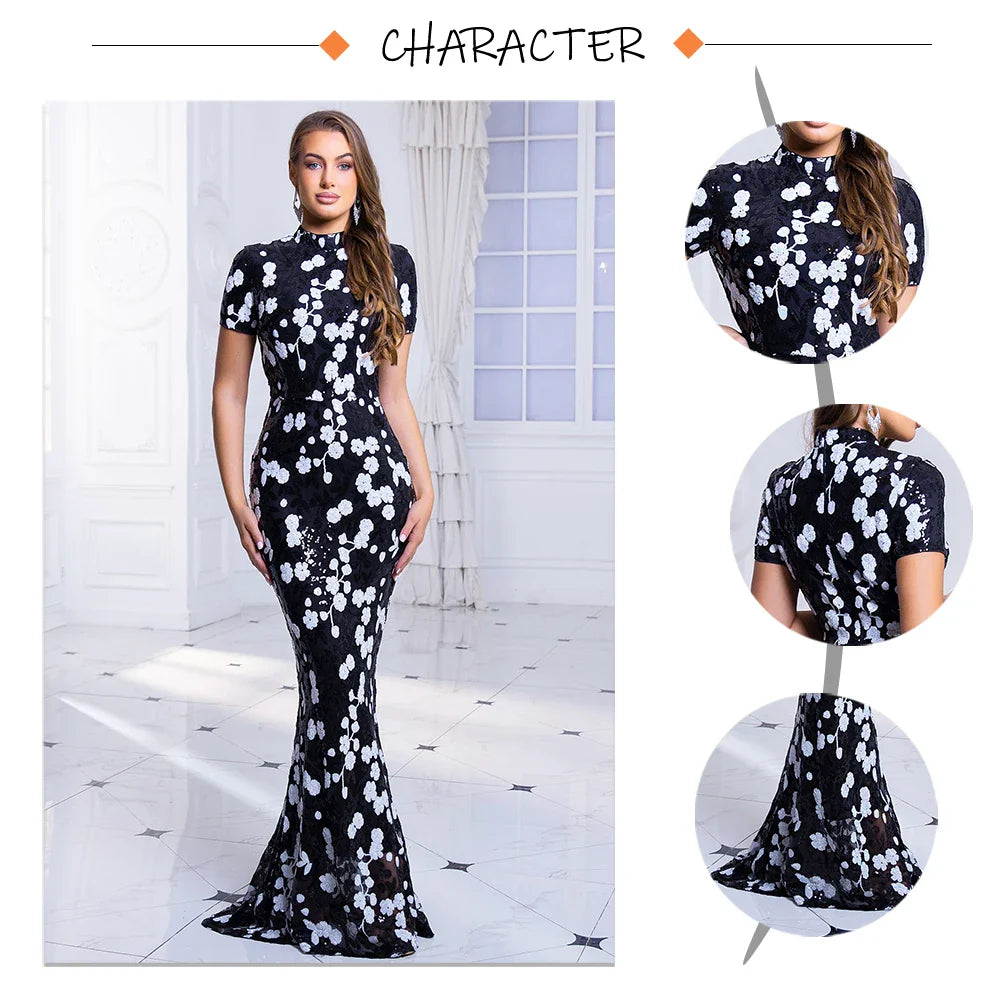 O Neck Short Sleeve Graduation Dresses Flowers Sequined Long Bodycon Stretchy Women Evening Dress Summer 2025