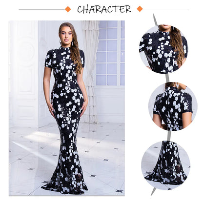O Neck Short Sleeve Graduation Dresses Flowers Sequined Long Bodycon Stretchy Women Evening Dress Summer 2025