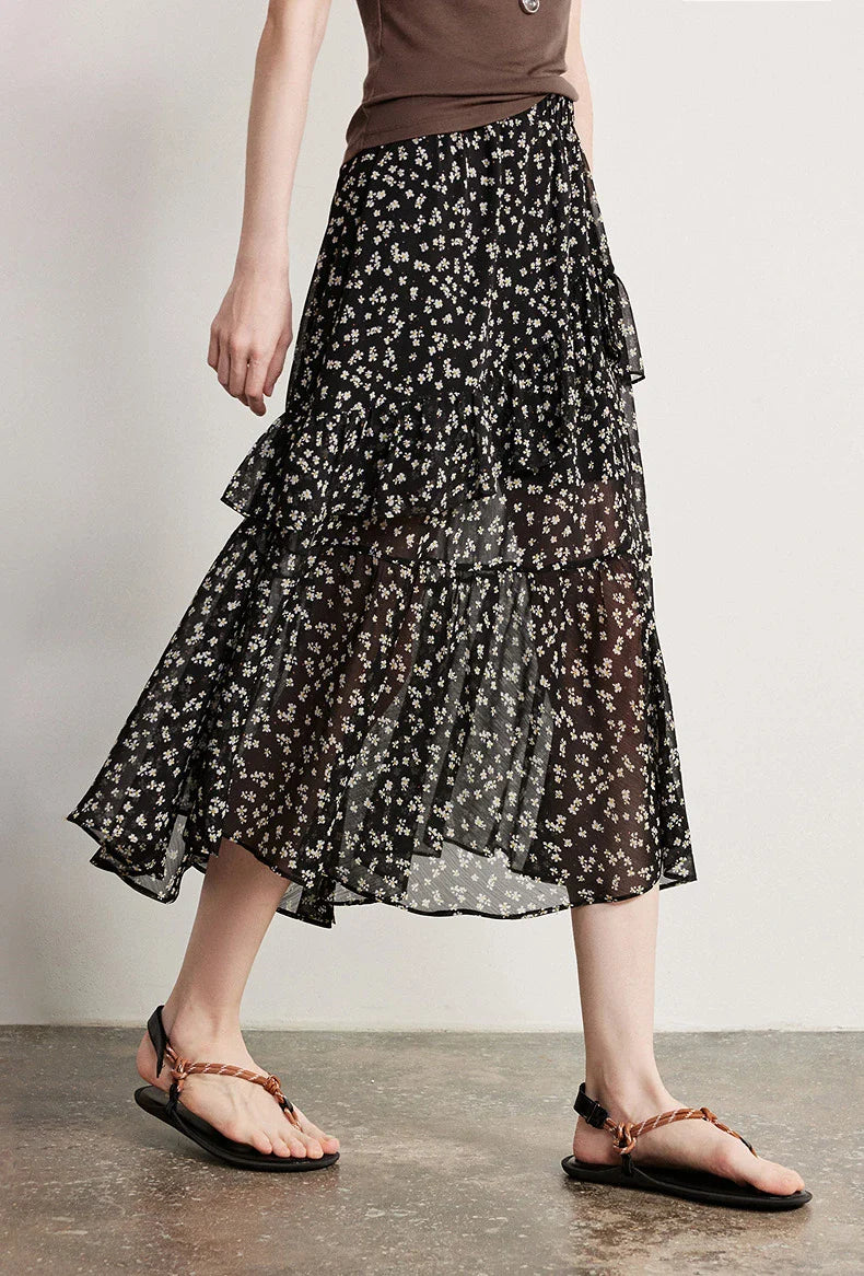 Women Chiffon Skirt 2026 Spring New Country Style Light and Flowing Floral Print Layered Ruffled Skirt