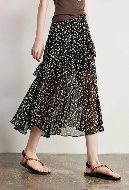 Women Chiffon Skirt 2026 Spring New Country Style Light and Flowing Floral Print Layered Ruffled Skirt