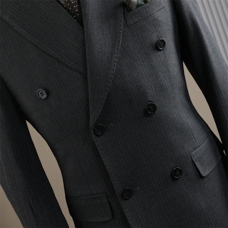 Terno Masculino de Alta Qualidade Formal Social Slim Fit Abotoamento Duplo Listrado Conjunto de Terno Noivo Casamento Roupa de Festa Smoking Roupa Masculina