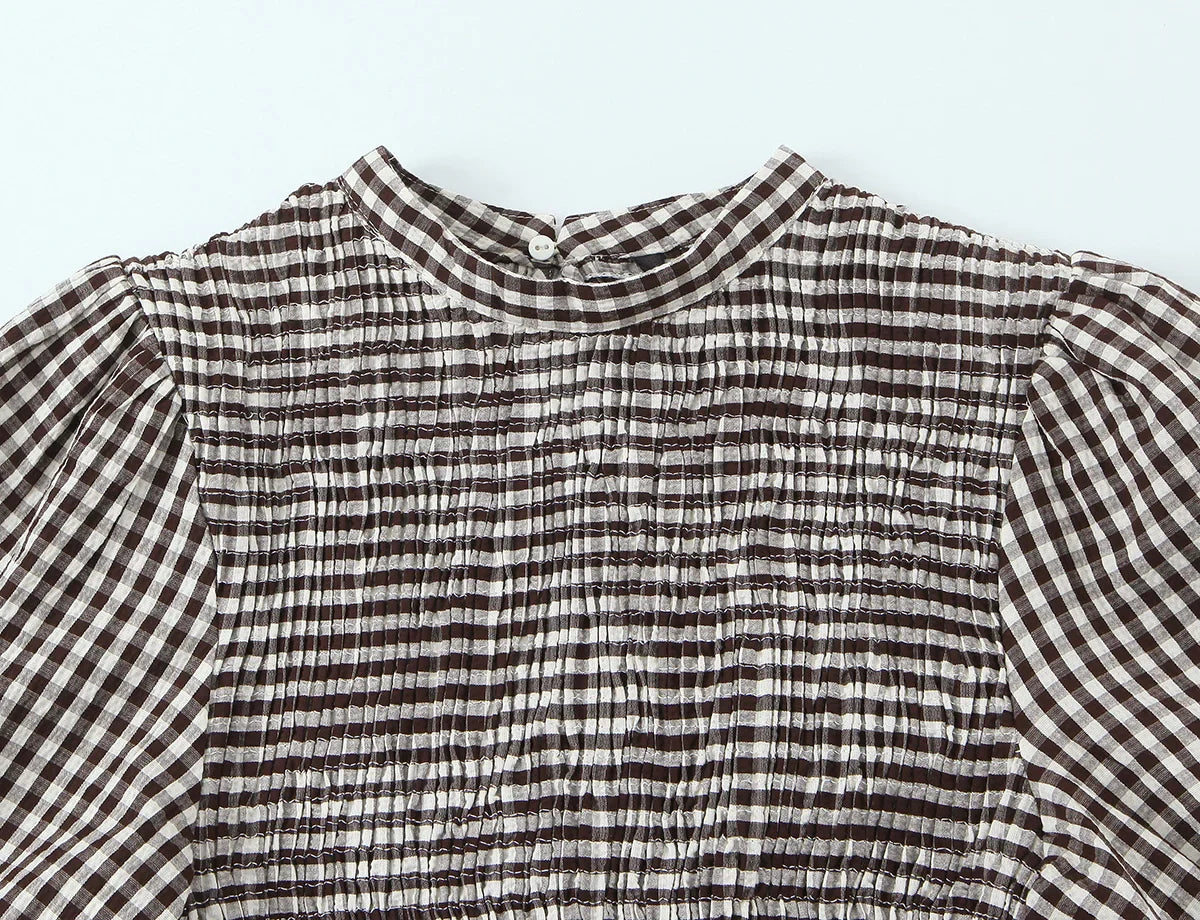 Spring Summer O-Neck Short Puff Sleeve Small Plaid Tops Women Back Button Decoration Tops Female Casual Wear 2026 New