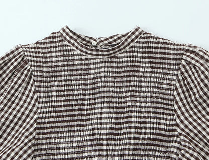 Spring Summer O-Neck Short Puff Sleeve Small Plaid Tops Women Back Button Decoration Tops Female Casual Wear 2026 New