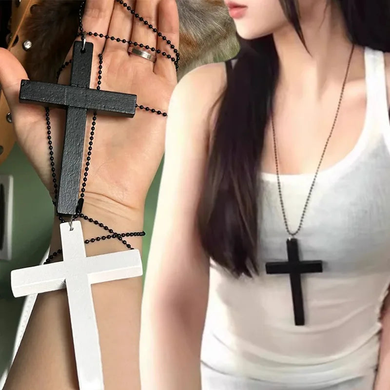 Y2K Wood Cross Pendant Necklace for Women Men Vintage Cool Spicy Girls Hip Hop Fashion Necklace Party Jewelry Accessories Gift