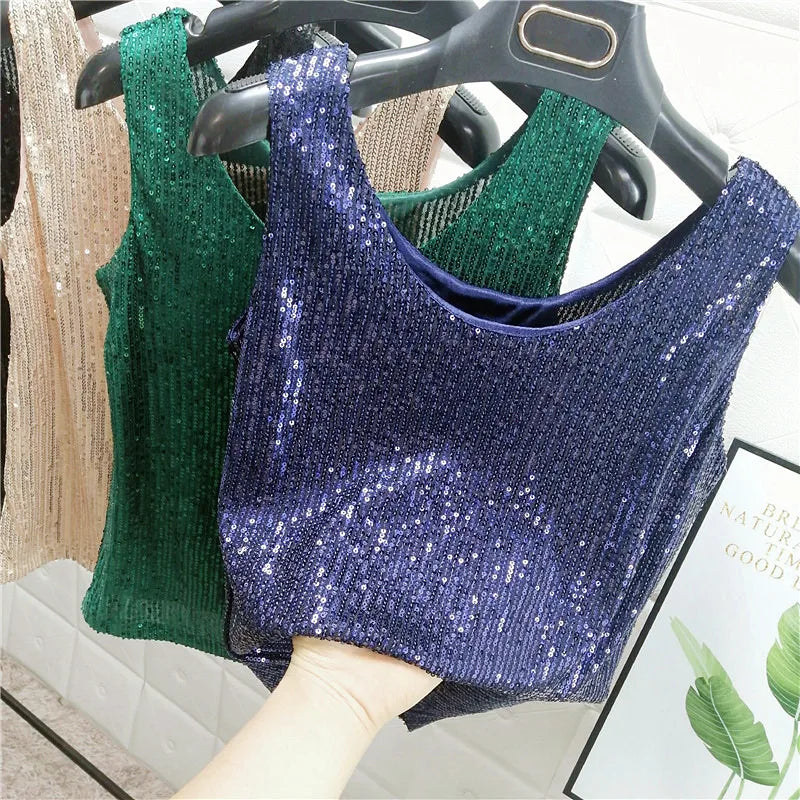 Sparkling Sequins Round Neck Vest Women's Outer Wear 2022 Summer New Bright Silk Fashion Glitter Bottoming Shirt Suspender Top