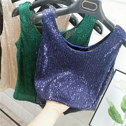 Sparkling Sequins Round Neck Vest Women's Outer Wear 2022 Summer New Bright Silk Fashion Glitter Bottoming Shirt Suspender Top