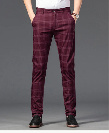 Brand Clothing Mens Casual Pants Fashion Plaid Classic Business Formal Trousers Elastic Straight Social Luxury Suit Pants