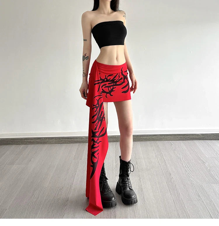 Y2K Millennium Graffiti High Waist Midi Skirt Women's Cool Unisex Asymmetrical Design Polyester Spandex Blend
