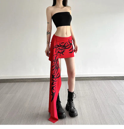 Y2K Millennium Graffiti High Waist Midi Skirt Women's Cool Unisex Asymmetrical Design Polyester Spandex Blend