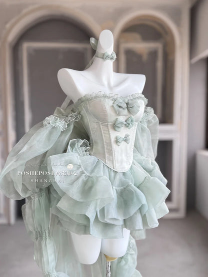 High Street Women's Mint Green Strapless Bowknot Sweet Fairy Organza Dress 2024 New Elegant Big Bow Trailing Party Wedding Dress