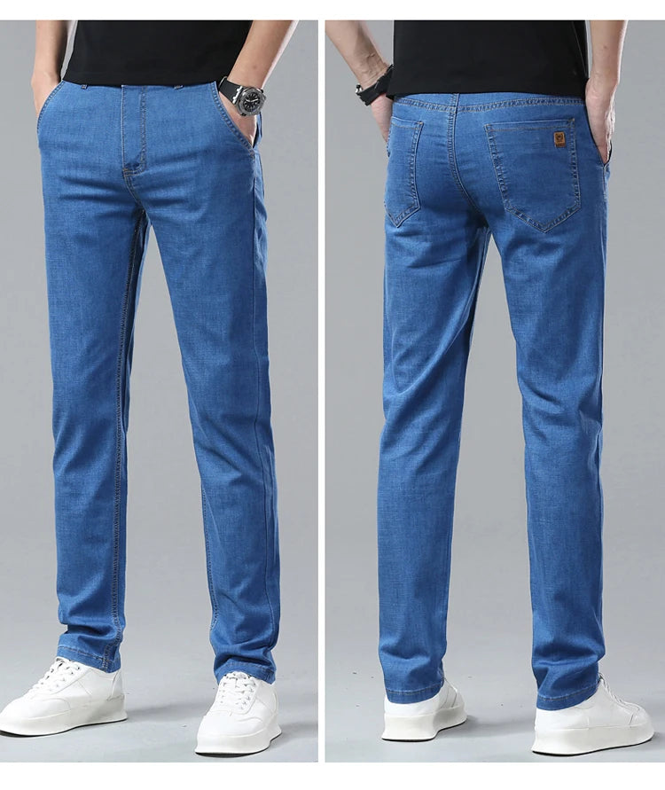 Men's Ice Silk Jeans Summer New Lyocell Thin Business Casual Denim Pants Classic All Match Slim Fit Straight Elastic Jean Male