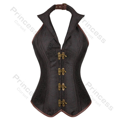 Steampunk Corsets for Women V-neck Gothic Corset Jacquard Corset Vest Cosplay Costume Pirate Corset Brown Black