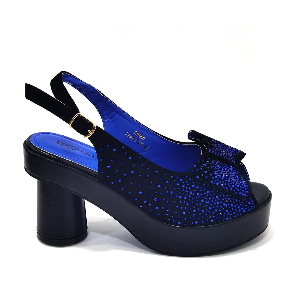 Silver Fashion Square Heels with Platform African Women Shoes and Bag Set Full Crystal Pumps for Wedding Party