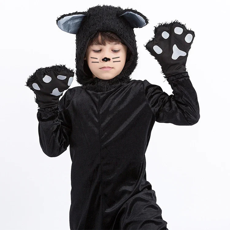 Black Cat Cosplay Children's Costume Cute Kitten Animal Onesie + Gloves + Hat Suit Suitable for Stage Show Halloween Party
