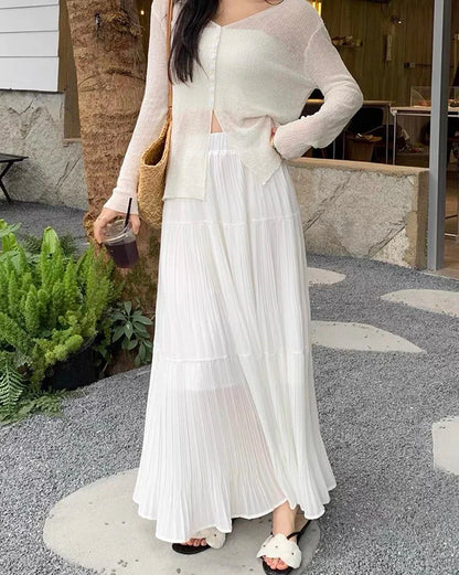 Women's High Waist Pleated Maxi Skirt, Casual A-Line Flowy Tiered Long Skirt, Elegant Beach Vacation Skirts for Ladies