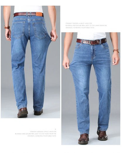 2026 Brand Thin or Thick Material Straight Cotton Stretch Denim Men's  Business Casual High Waist Light Grey Blue Jeans