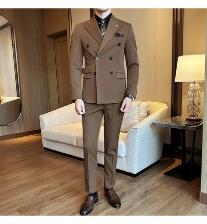 (Jackets+Pants) Luxury Double Breasted Design Slim Fit Suit High Quality Fashion Men's Wedding Social Suit Tuxedo 2 Piece Set