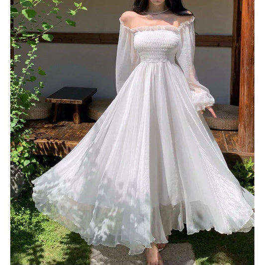Elegant Maxi Dresses For Women White Off Shoulder Puff Long Sleeve Elastic High Waist Party Gown Ruffle Holiday Dress