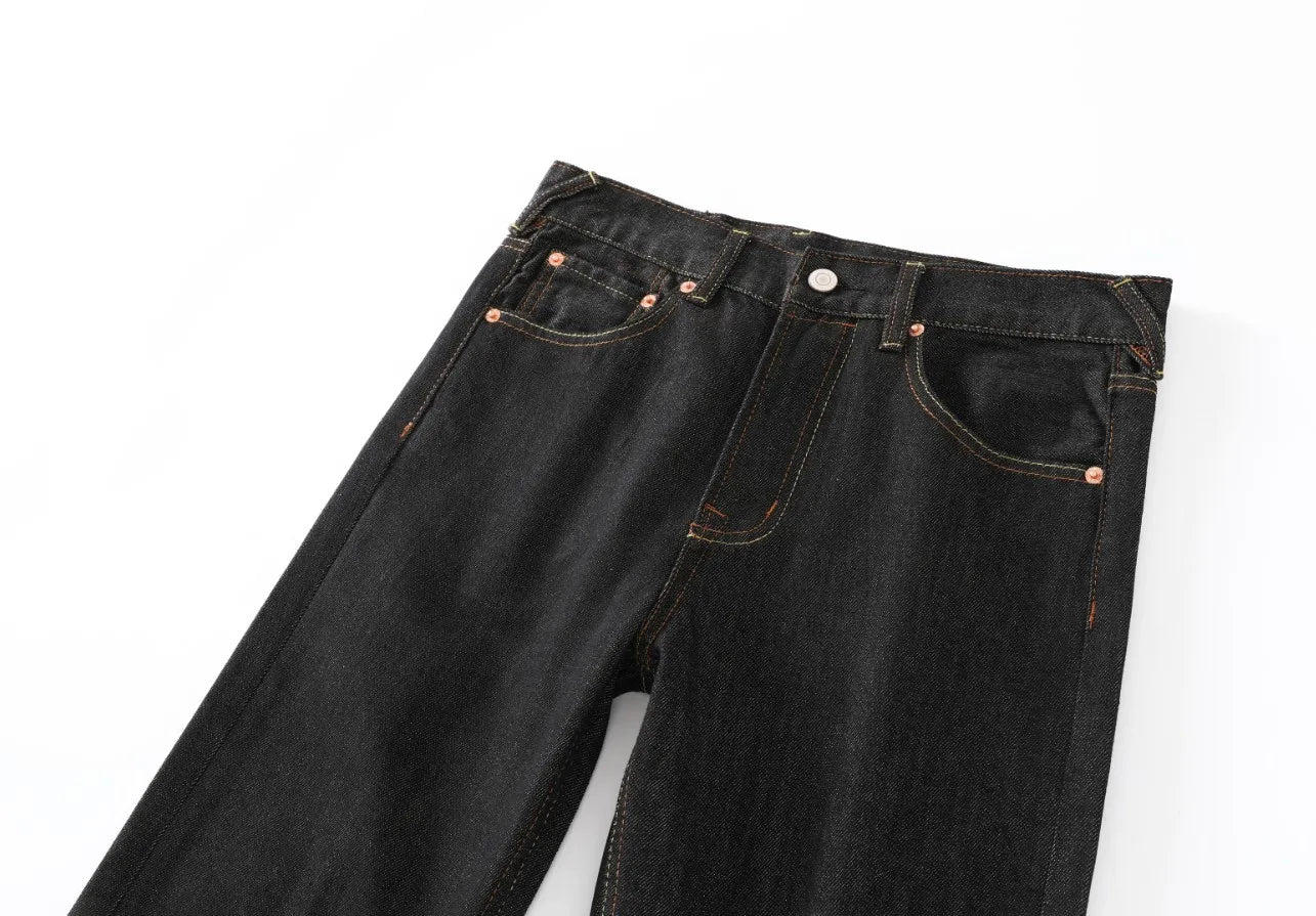 Men's Japanese Handmade Embroidered Cotton Jeans Straight Tube Slim Fit Hip-Hop Trousers Red Ear Detail Devil Big M Golden Text