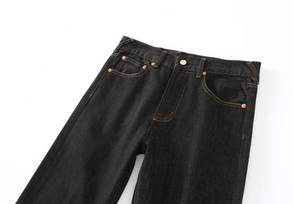 Men's Japanese Handmade Embroidered Cotton Jeans Straight Tube Slim Fit Hip-Hop Trousers Red Ear Detail Devil Big M Golden Text