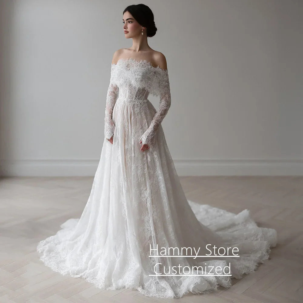 Exquisite Arabian Lace Wedding Dress Customized Off The Shoulder Long Sleeves Pearls A Line Corset Arab Bridal Gown